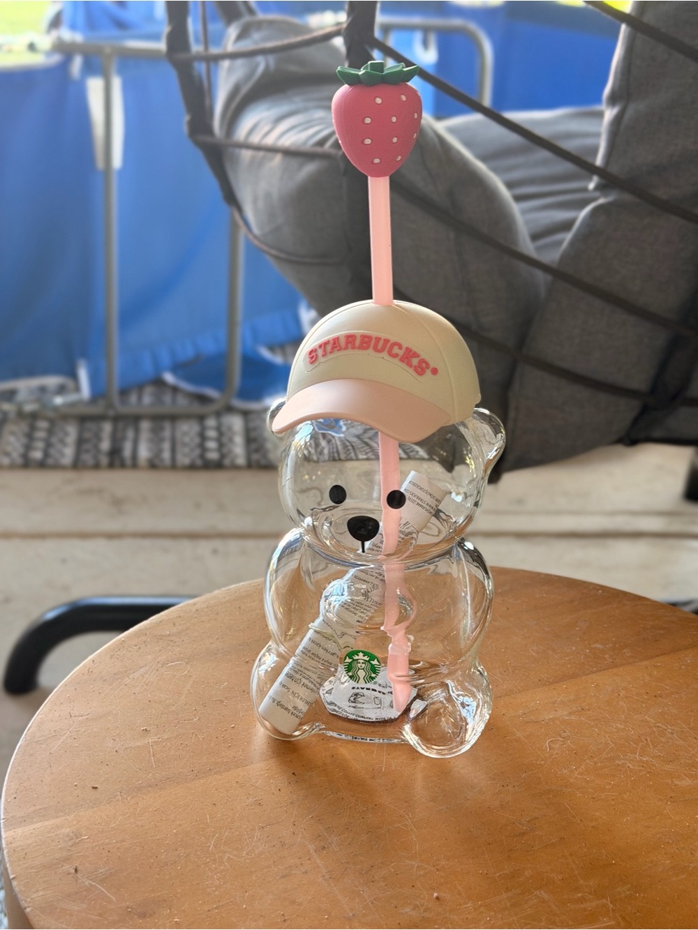 Starbucks Clear Bear Cup with Beige Cap and Pink Strawberry Straw
